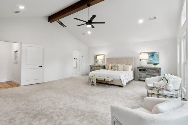 carpeted bedroom with beam ceiling, ceiling fan, and high vaulted ceiling