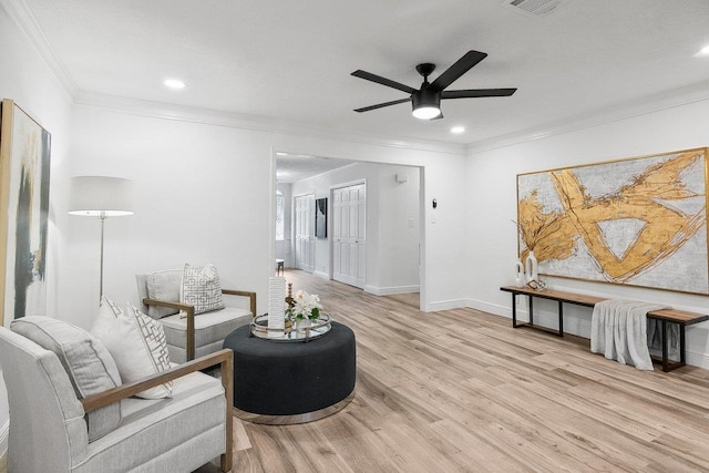 6215 Wilchester Ln, Beaumont, TX 77706 - sitting room featuring ornamental molding, wood finished floors, a ceiling fan, and recessed lighting
