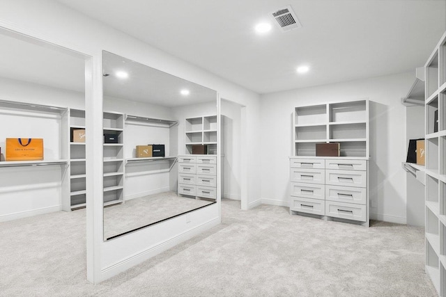 spacious closet featuring light carpet