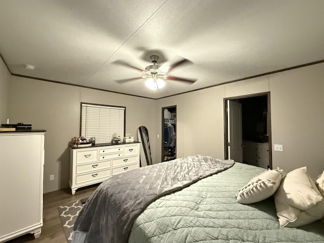 bedroom featuring a ceiling fan, dark wood-type flooring, a walk in closet, and crown molding