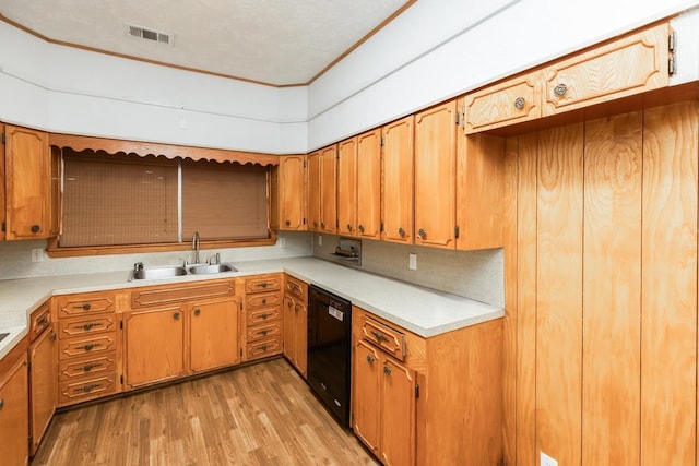 kitchen featuring dishwasher, sink, light hardwood / wood-style flooring, and backsplash