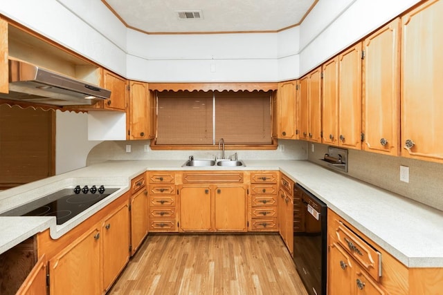 kitchen with sink, white electric cooktop, light wood-type flooring, dishwasher, and backsplash