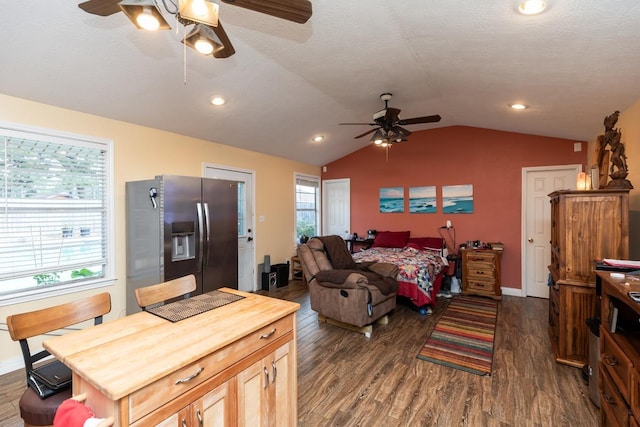 915 S 23rd St, Nederland, TX 77627 - living room with vaulted ceiling, recessed lighting, ceiling fan, and dark wood finished floors