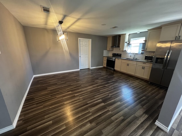 kitchen with pendant lighting, sink, wall chimney exhaust hood, decorative backsplash, and stainless steel appliances