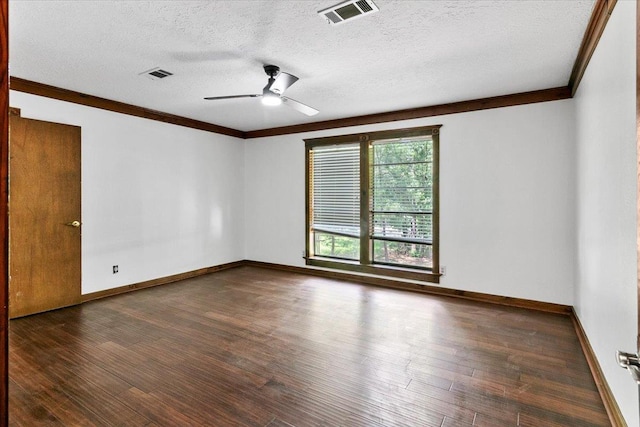 unfurnished room with ornamental molding, a textured ceiling, ceiling fan, and dark wood-type flooring