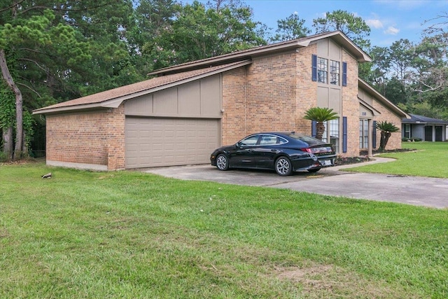 view of property exterior featuring a yard and a garage