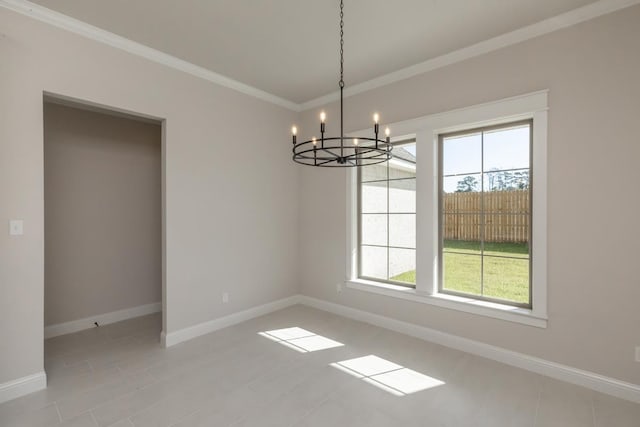 unfurnished dining area featuring ornamental molding and an inviting chandelier