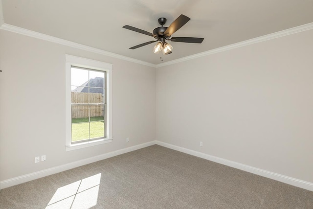 carpeted spare room featuring crown molding and ceiling fan