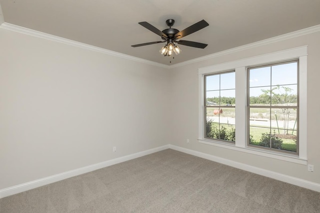 carpeted spare room featuring crown molding and ceiling fan