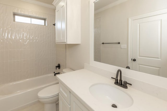 full bathroom with tiled shower / bath combo, crown molding, vanity, and toilet