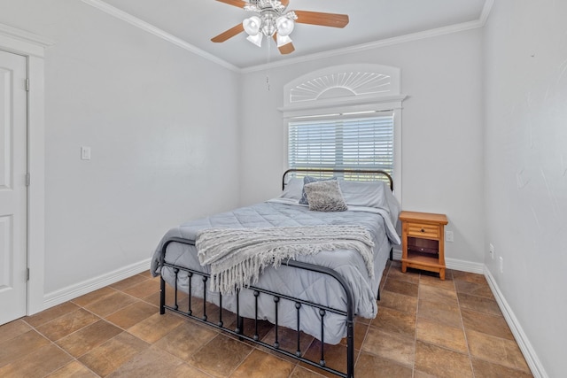 bedroom featuring ceiling fan and crown molding