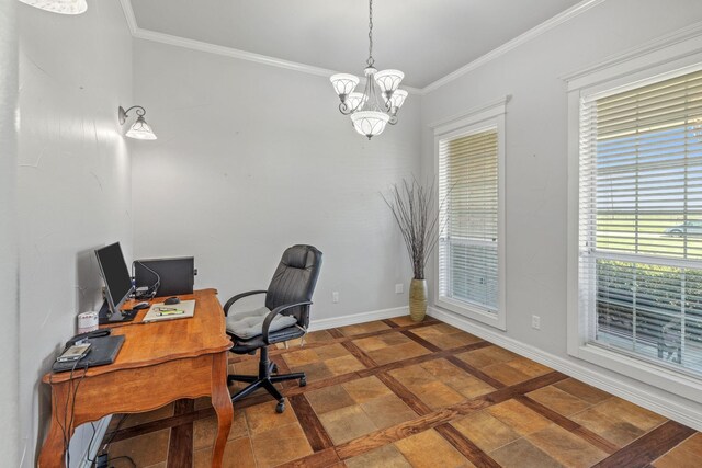 home office featuring crown molding and a notable chandelier