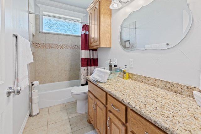 full bathroom with tile patterned floors, shower / bath combination with curtain, toilet, and vanity