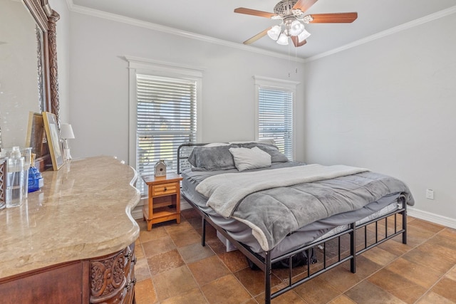 bedroom with multiple windows, ceiling fan, and crown molding