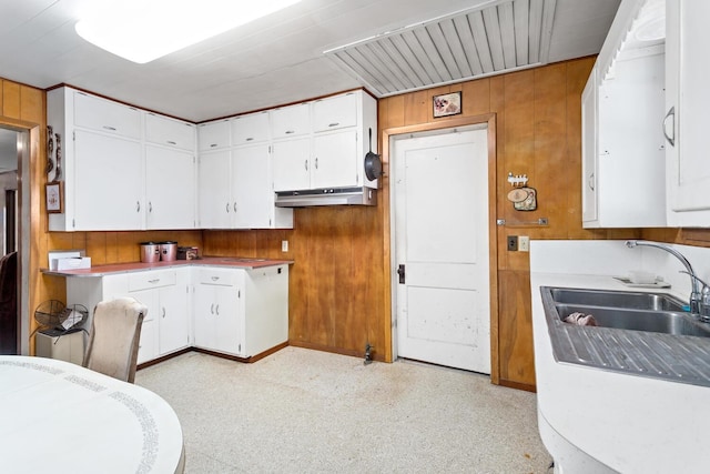 kitchen with wood walls, white cabinetry, and sink