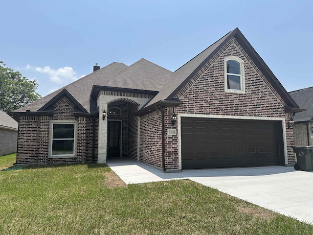 view of front of house featuring a garage and a front lawn