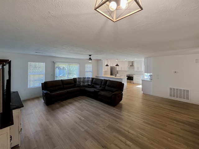 living room featuring ceiling fan, hardwood / wood-style floors, and a textured ceiling