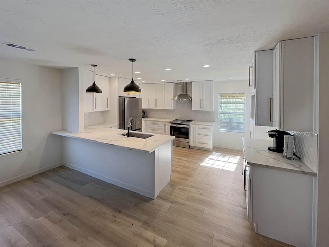 kitchen featuring kitchen peninsula, stainless steel appliances, sink, decorative light fixtures, and white cabinets