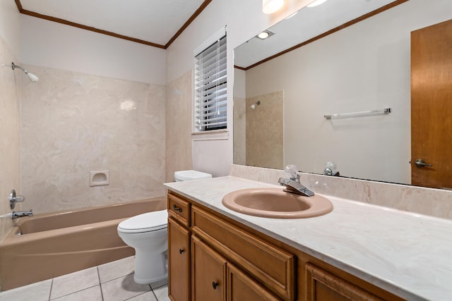 full bathroom featuring vanity,  shower combination, toilet, ornamental molding, and tile patterned flooring