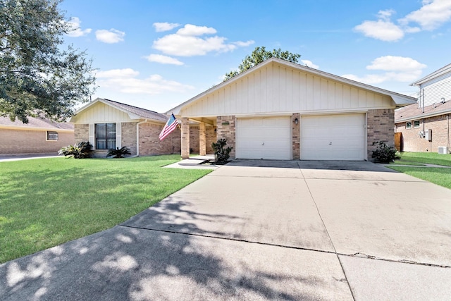 ranch-style house featuring concrete driveway, a front lawn, brick siding, and an attached garage
