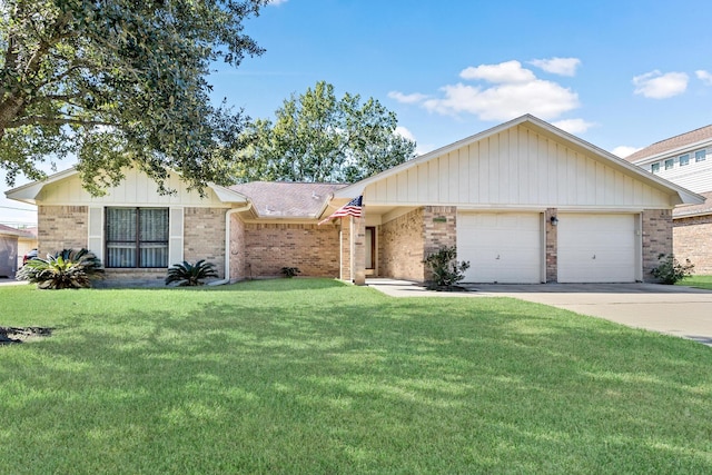 ranch-style home featuring brick siding, an attached garage, driveway, and a front lawn