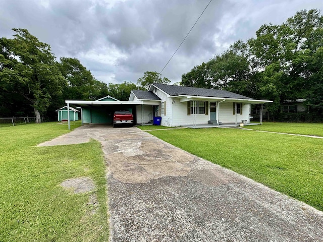 3704 Nightingale St, Orange, TX 77630 - ranch-style home with concrete driveway, a front lawn, an attached carport, covered porch, and roof with shingles