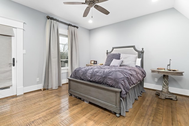 bedroom featuring ceiling fan, baseboards, wood finished floors, and recessed lighting