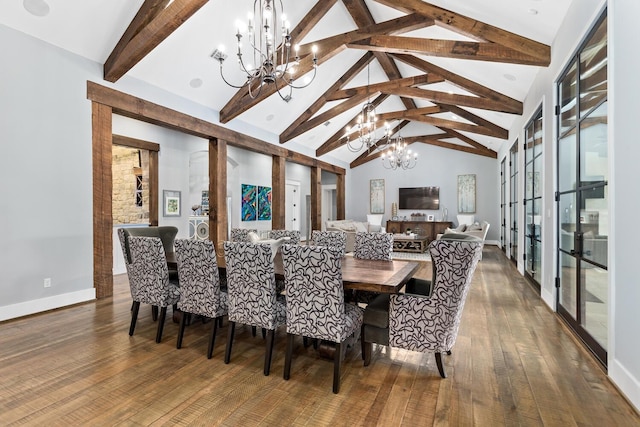 dining area featuring baseboards, a chandelier, wood-type flooring, high vaulted ceiling, and beam ceiling