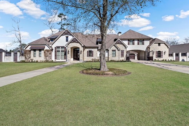 french country style house featuring stone siding, concrete driveway, and a front yard