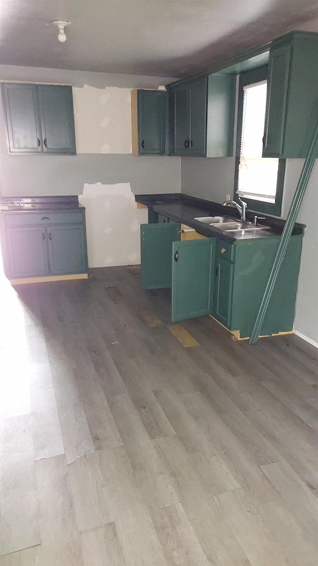 kitchen with light hardwood / wood-style flooring, green cabinetry, and sink