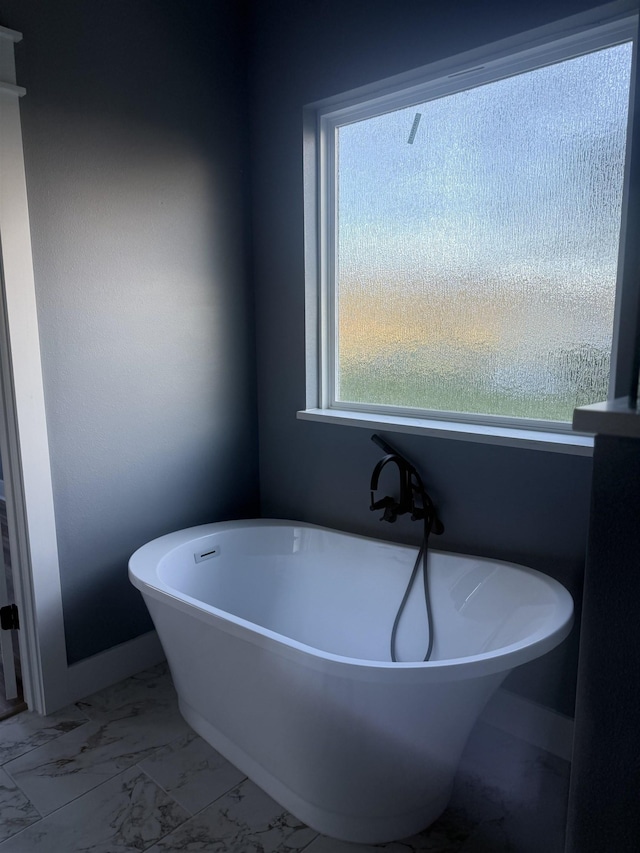 bathroom with a tub to relax in and a healthy amount of sunlight