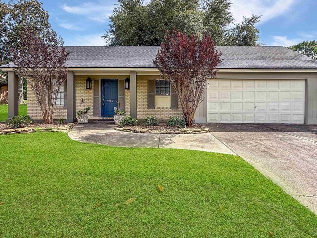 6215 Westgate Dr, Beaumont, TX 77706 - ranch-style house featuring driveway, a garage, a front lawn, and a shingled roof