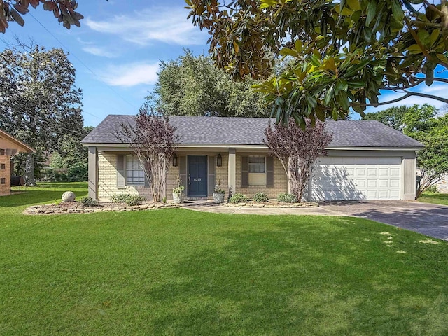 6215 Westgate Dr, Beaumont, TX 77706 - ranch-style house featuring driveway, a garage, brick siding, a front lawn, and roof with shingles