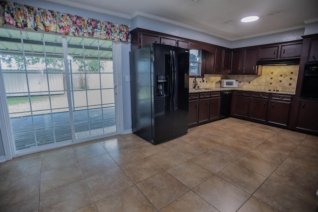 kitchen with black appliances, sink, ornamental molding, light stone countertops, and tasteful backsplash