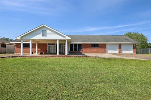view of front of home with brick siding, a porch, a garage, and concrete driveway