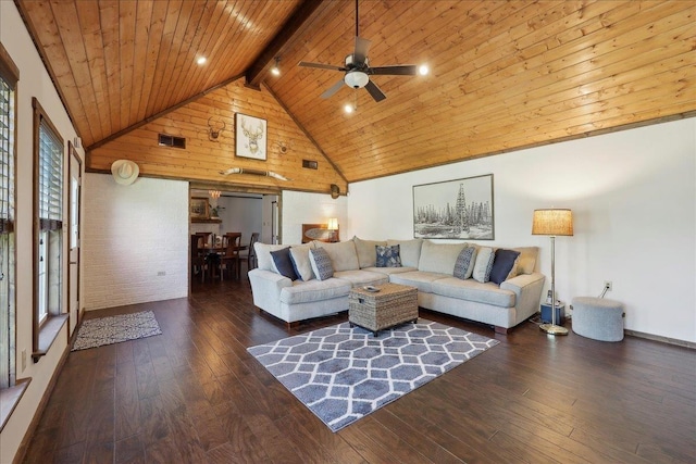 living area with beamed ceiling, hardwood / wood-style flooring, wooden ceiling, a ceiling fan, and high vaulted ceiling