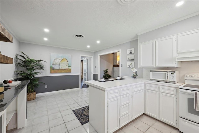 kitchen with white appliances, a peninsula, custom exhaust hood, white cabinets, and light countertops