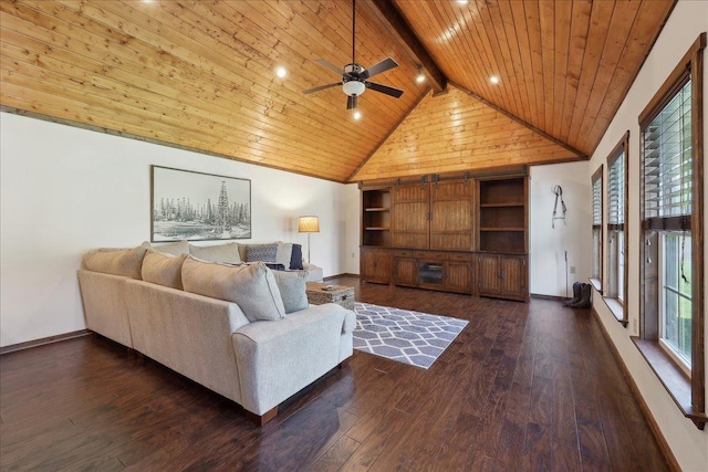 living room with wood ceiling, baseboards, built in features, dark wood-style floors, and ceiling fan