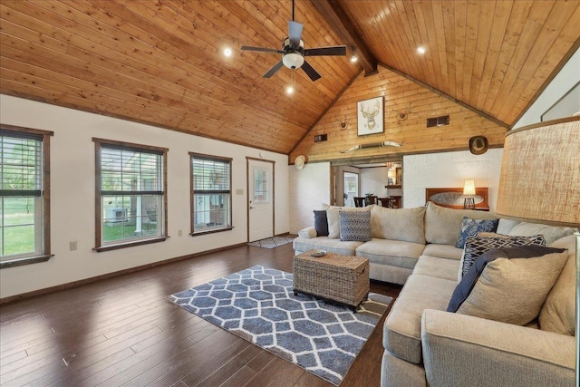 living area with wood ceiling, hardwood / wood-style flooring, beamed ceiling, ceiling fan, and baseboards