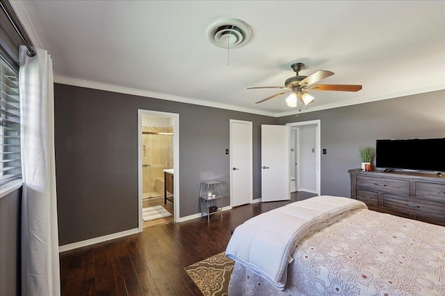 bedroom featuring wood-type flooring, baseboards, crown molding, connected bathroom, and ceiling fan