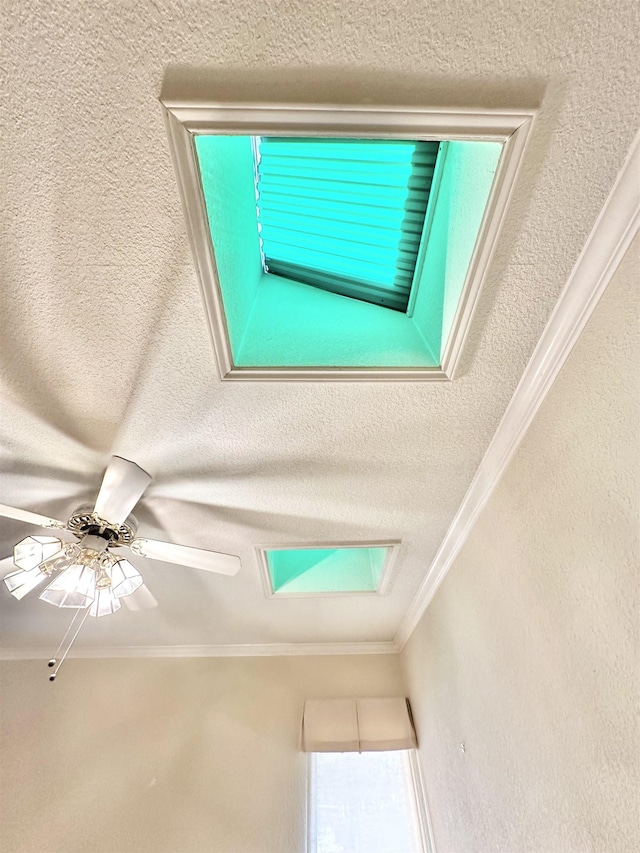 room details with a skylight, ceiling fan, and crown molding