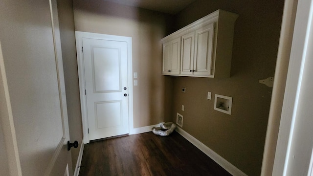clothes washing area featuring electric dryer hookup, cabinet space, baseboards, dark wood-style flooring, and washer hookup