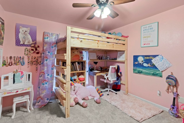 bedroom with baseboards, ceiling fan, and carpet flooring