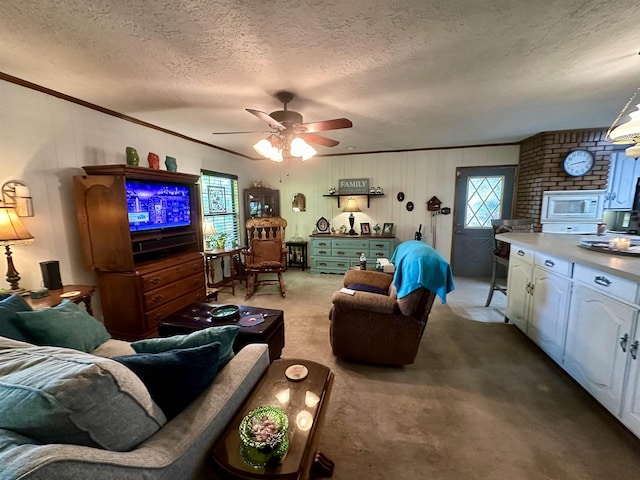 carpeted living room with ceiling fan, ornamental molding, a textured ceiling, and a wealth of natural light