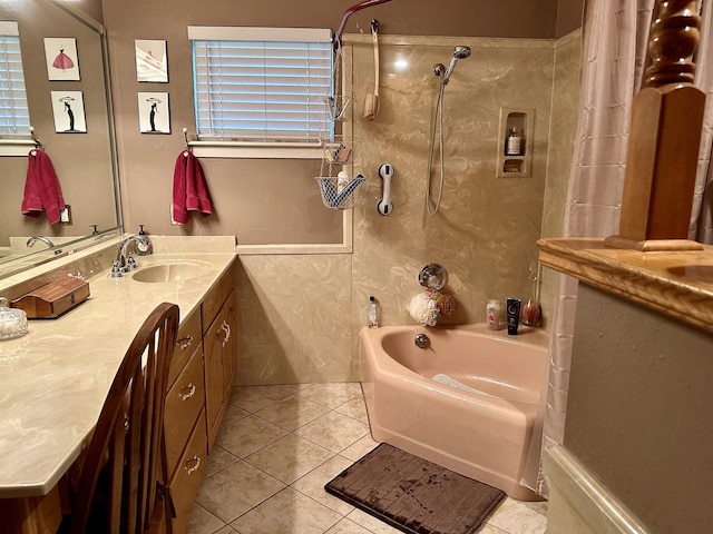 bathroom featuring tile patterned floors, shower / tub combo with curtain, and vanity