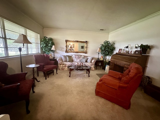 living room with carpet and crown molding