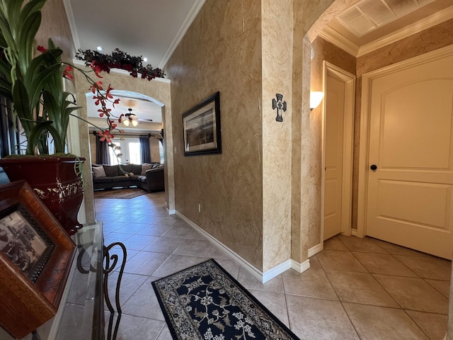 5770 Scenic Dr, Beaumont, TX 77713 - corridor with ornamental molding, arched walkways, light tile patterned floors, and a textured wall