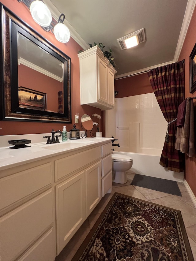 5770 Scenic Dr, Beaumont, TX 77713 - bathroom with crown molding, tile patterned floors, vanity, and shower / bathtub combination with curtain
