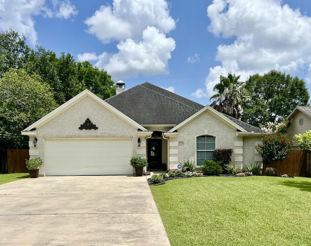 5770 Scenic Dr, Beaumont, TX 77713 - view of front of home with brick siding, a garage, concrete driveway, a shingled roof, and a chimney
