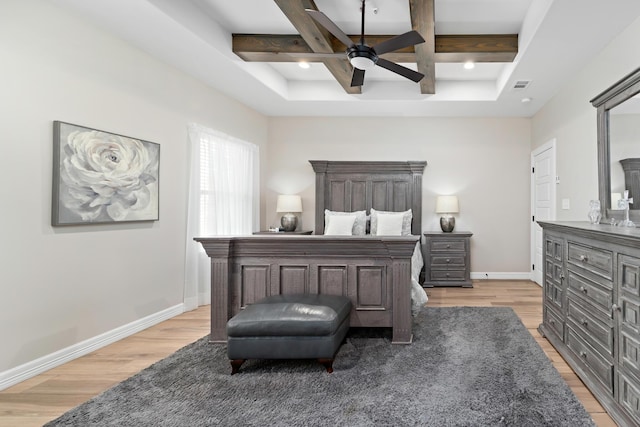 bedroom featuring coffered ceiling, ceiling fan, beamed ceiling, and light hardwood / wood-style flooring